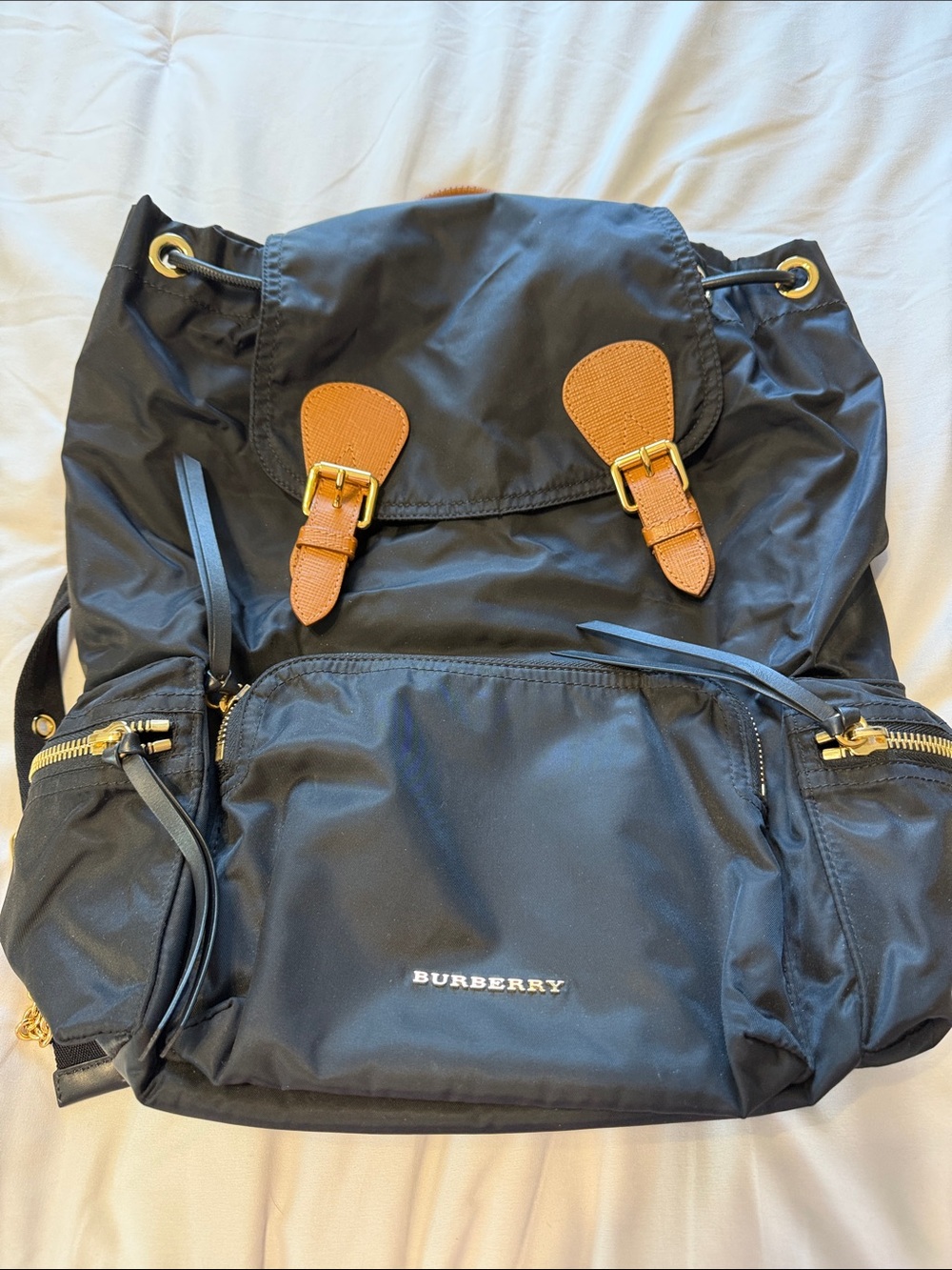 Burberry Black Nylon Backpack with Tan Leather Trim and Gold Hardware